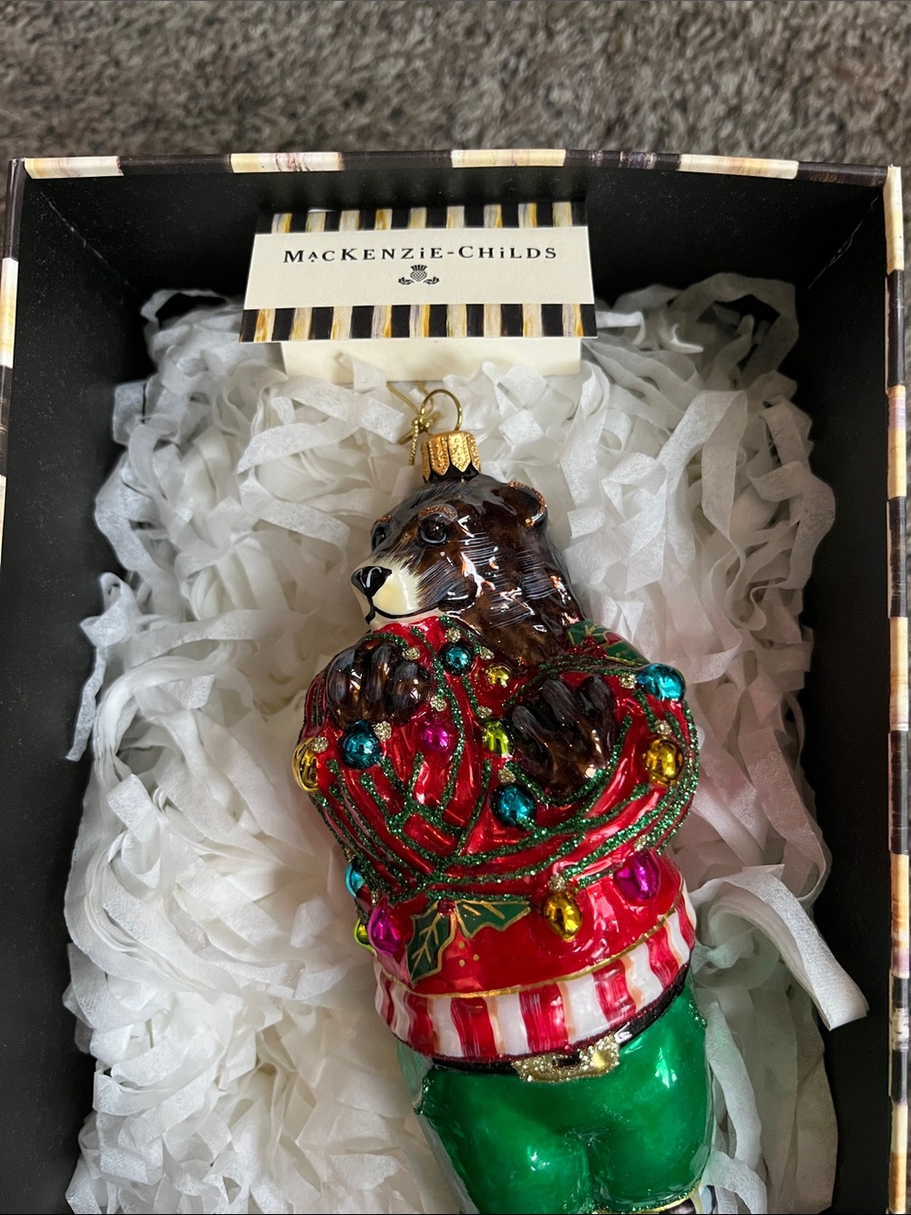 MacKenzie-Childs Festive Bear Ornament in Red, Green & Black!  New in box!